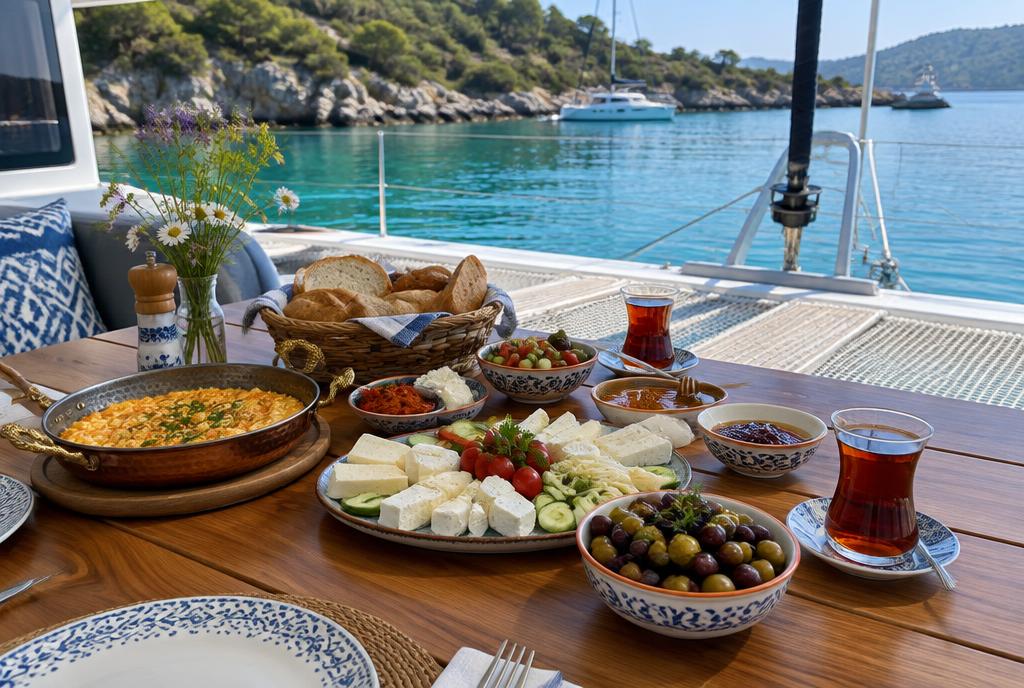 Breakfast for two on the deck of the catamaran
