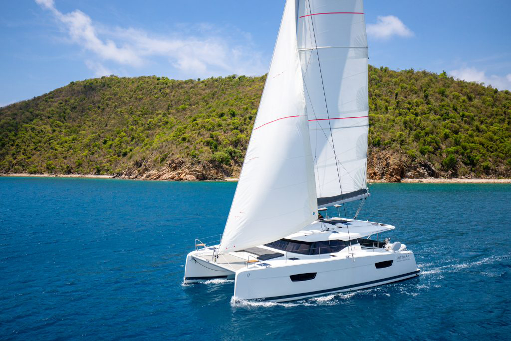 The training catamaran under full sail