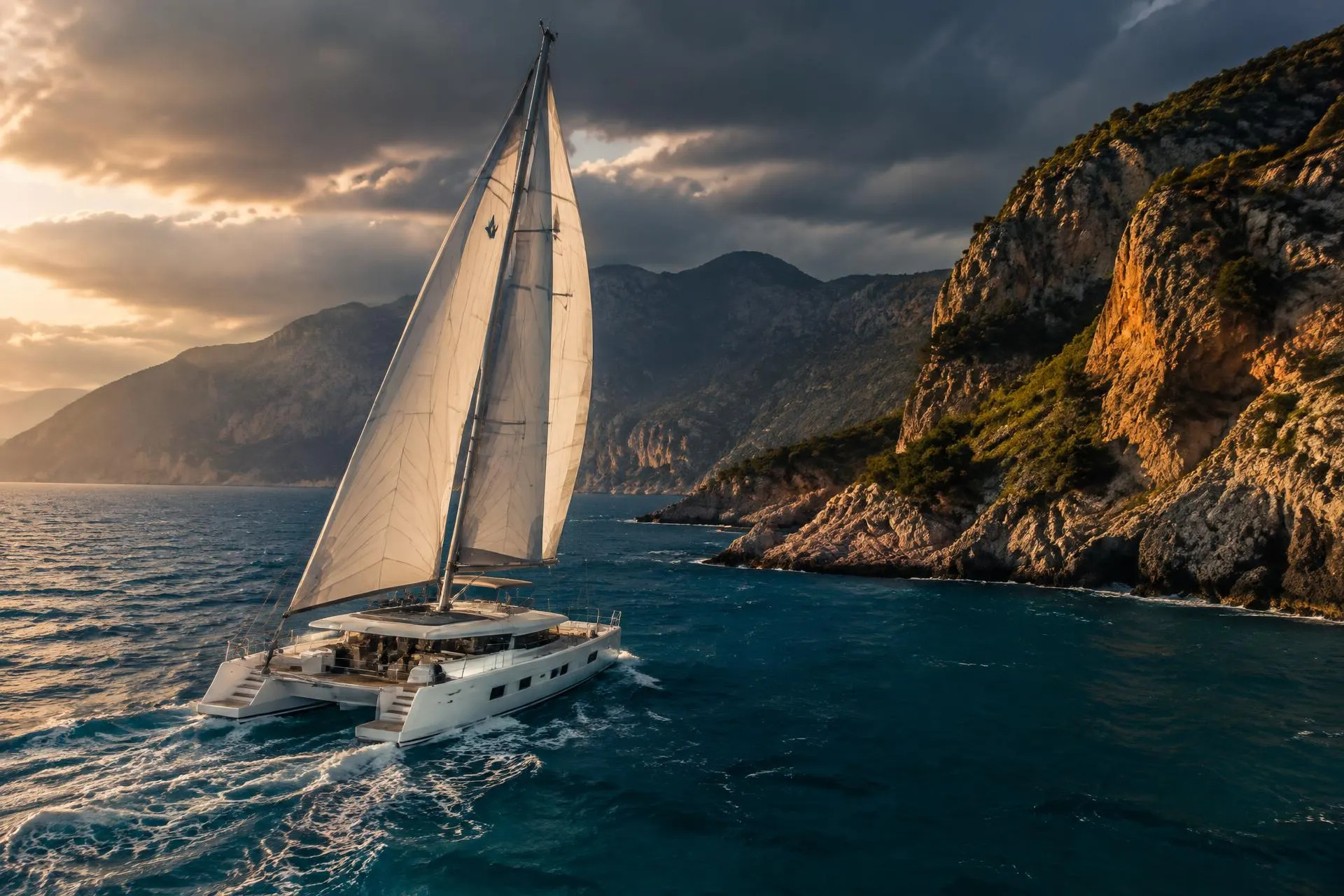 Sailing catamaran on turquoise water along the Turkish coast