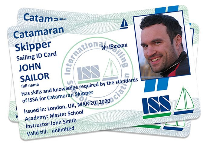 Sample of the ISSA Catamaran Skipper certificate — plastic sailing ID card